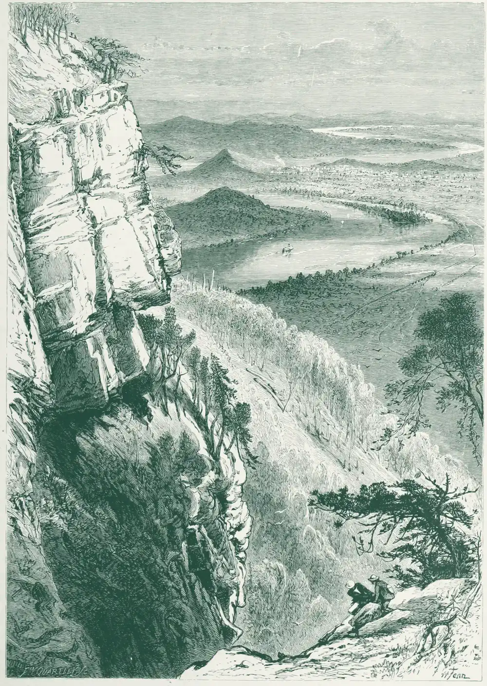 Engraving of the Tennessee River bending past Chattanooga, seen from the cliffs of Lookout Mountain, with two hikers resting on the rocks