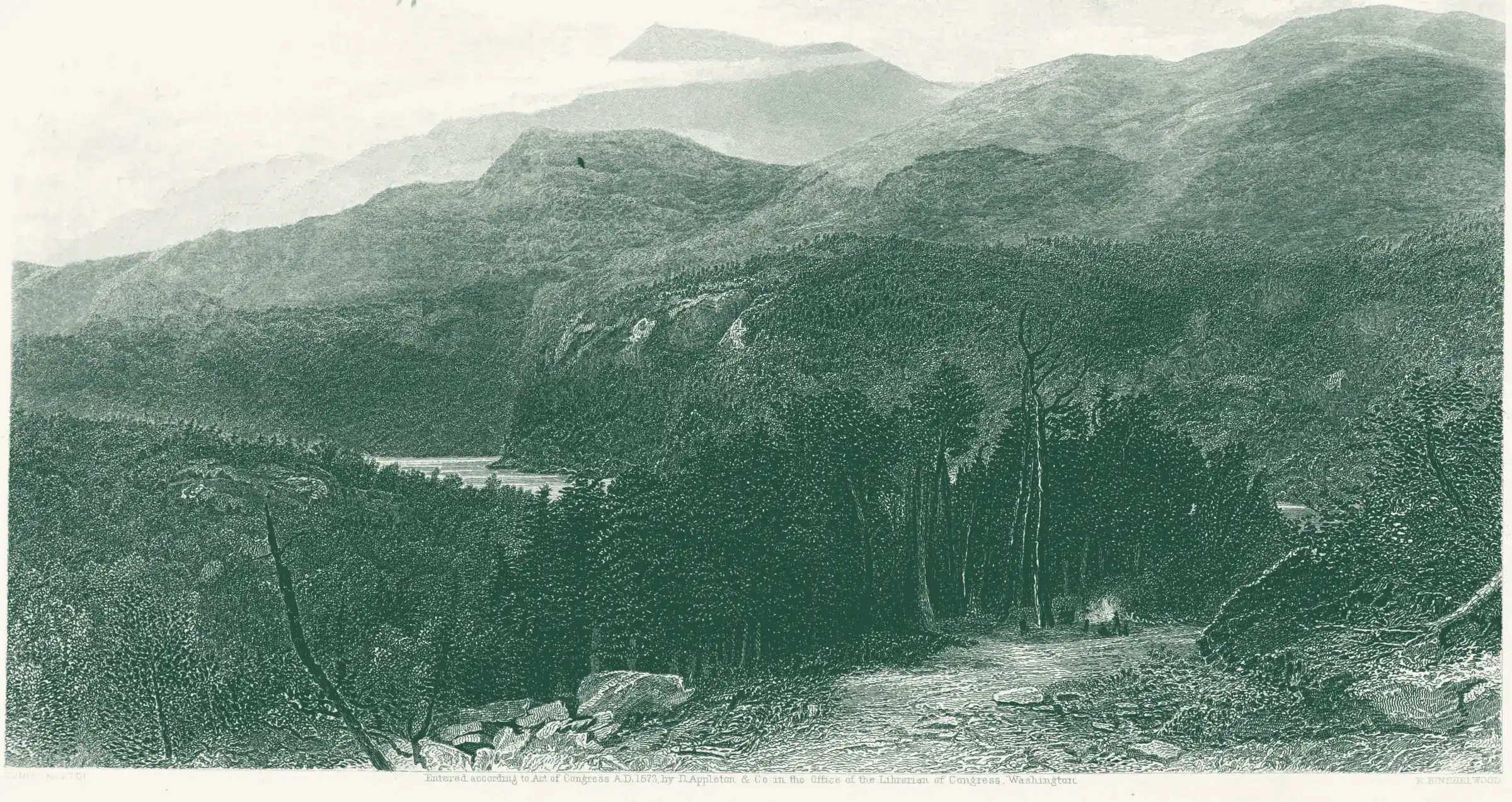 Engraving of forested Smoky Mountain ridges fading into haze, with a campfire beside a path in the foreground